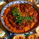 A platter of various Moroccan dips and starters ready to serve.