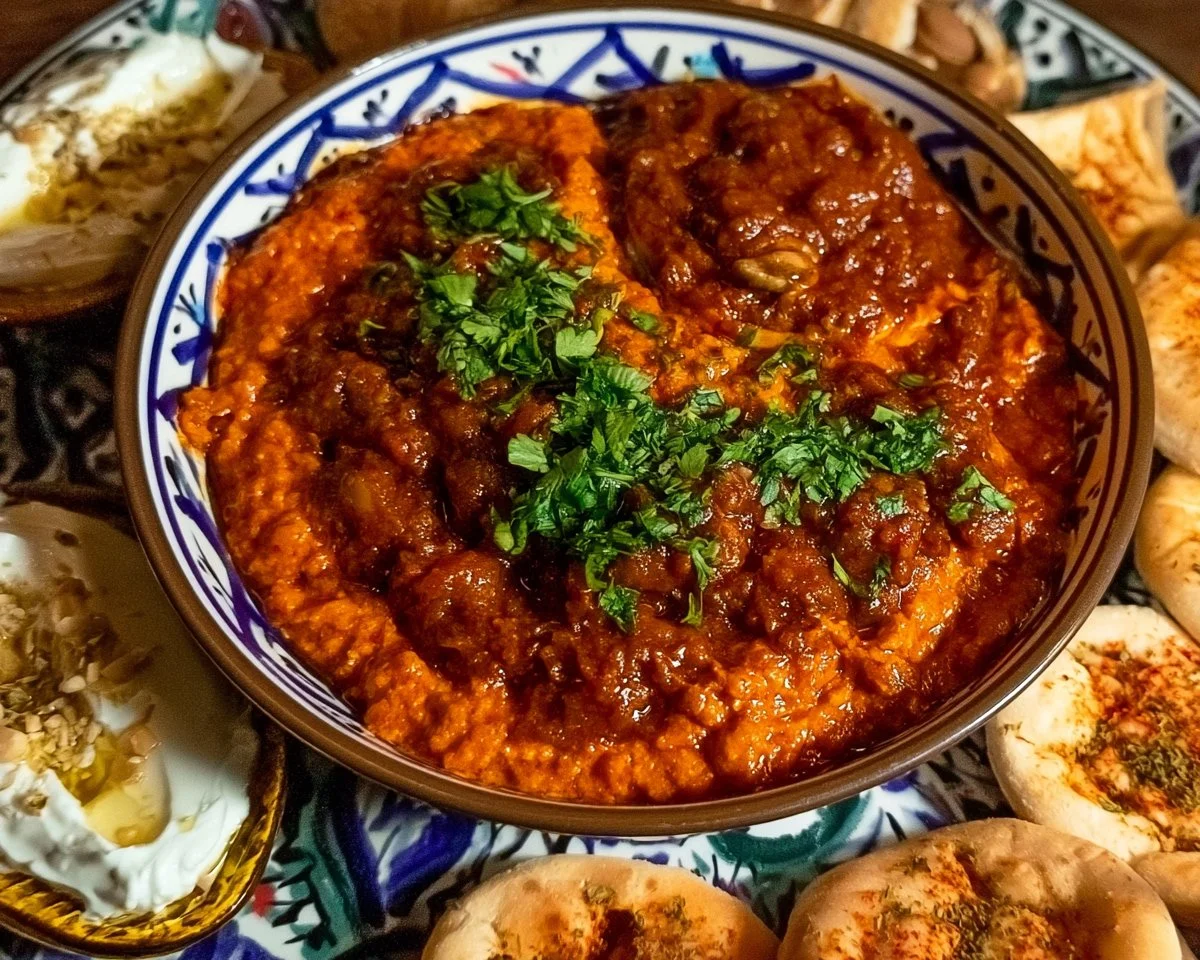 A platter of various Moroccan dips and starters ready to serve.