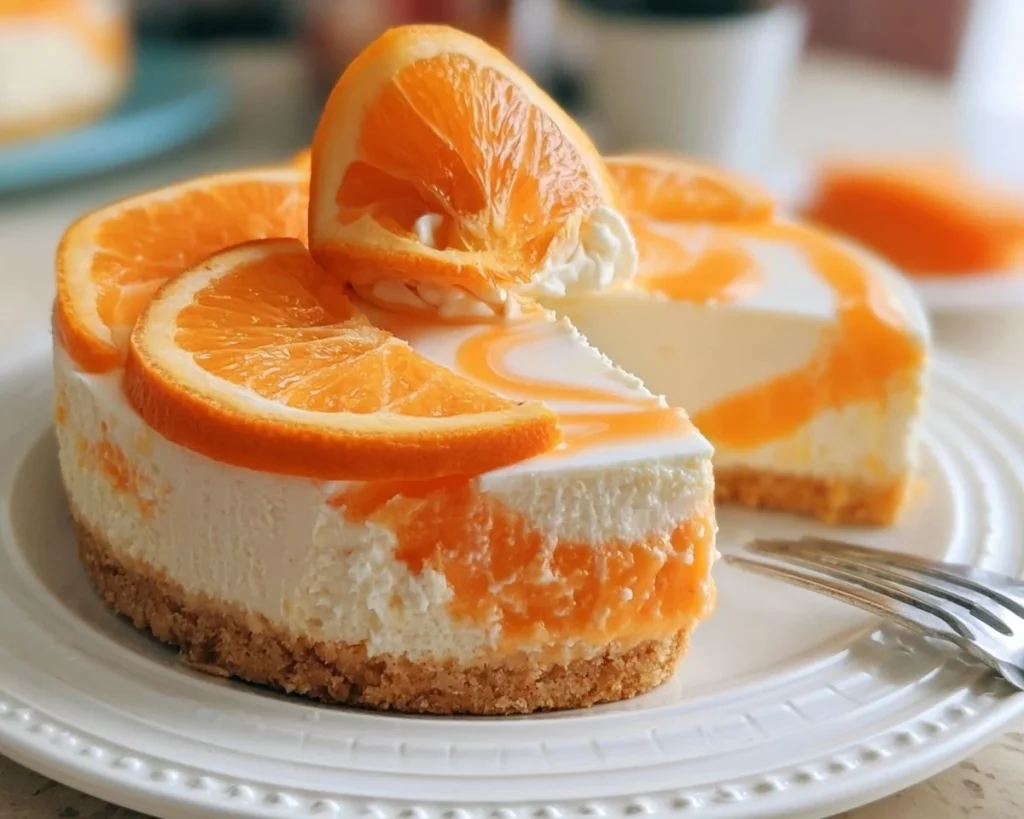 No-bake orange creamsicle cheesecake dessert with vibrant orange topping