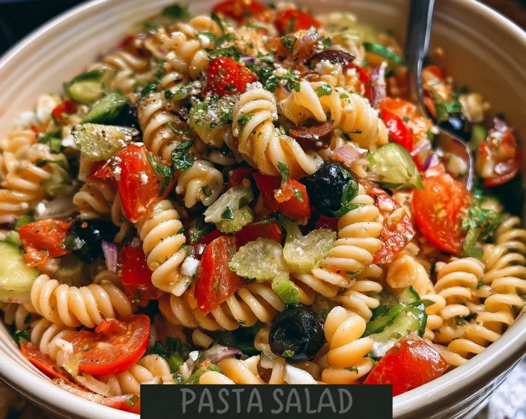 A colorful pasta salad with fresh vegetables and dressing served in a bowl.