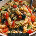 A colorful pasta salad with fresh vegetables and dressing served in a bowl.