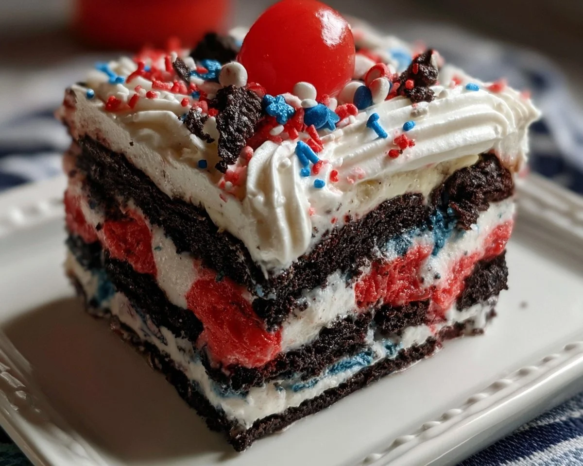 Patriotic Oreo Lasagna with red, white, and blue layers for festive celebrations