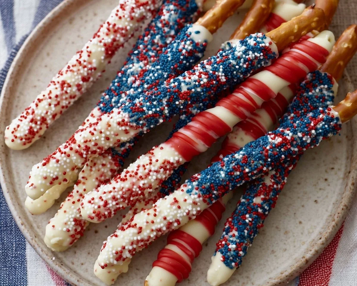 Patriotic pretzel rods decorated with red, white, and blue colors for celebrations.