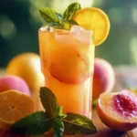 Homemade peach lemonade served in a glass with fresh peaches and mint leaves
