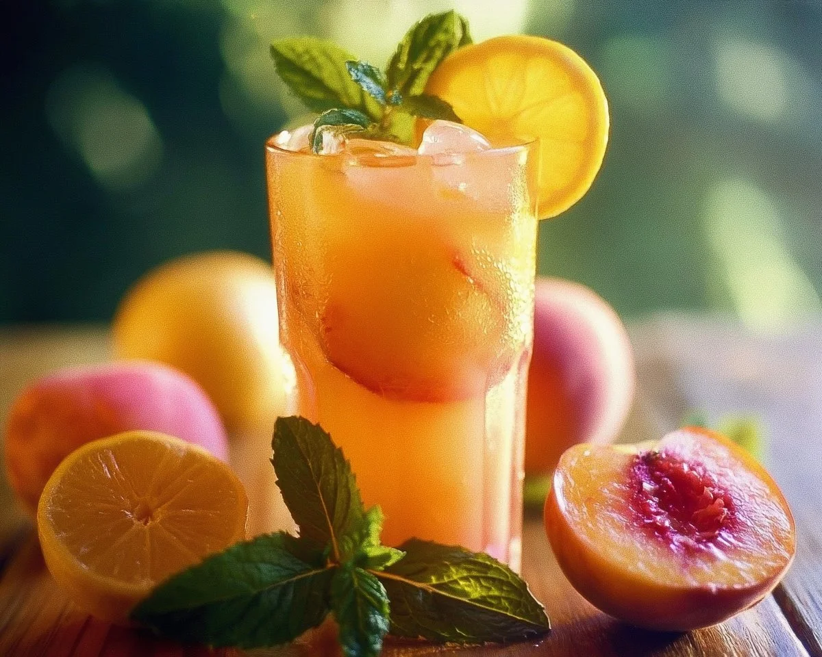Homemade peach lemonade served in a glass with fresh peaches and mint leaves