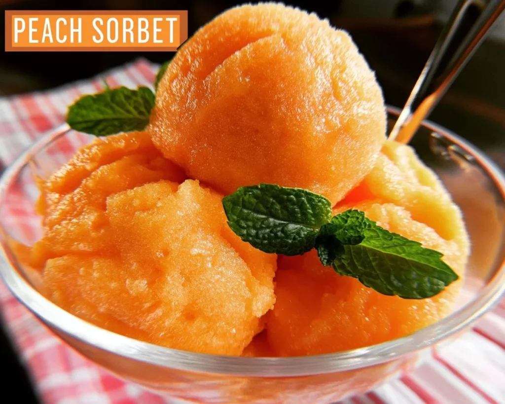 Delicious peach sorbet served in a bowl with fresh peaches as garnish