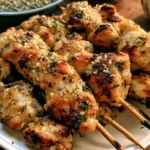 Garlic Parmesan Chicken Skewers on a grill, garnished with herbs