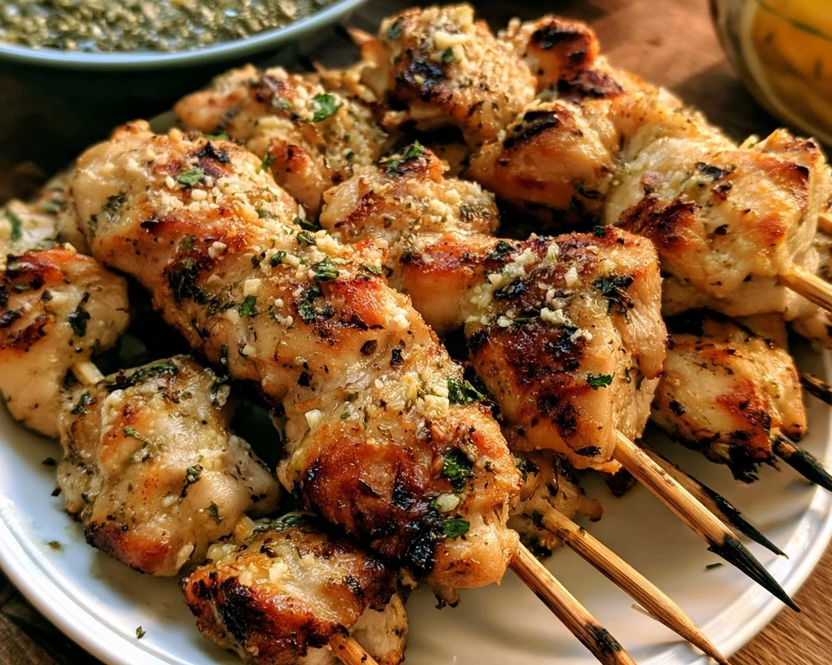 Garlic Parmesan Chicken Skewers on a grill, garnished with herbs