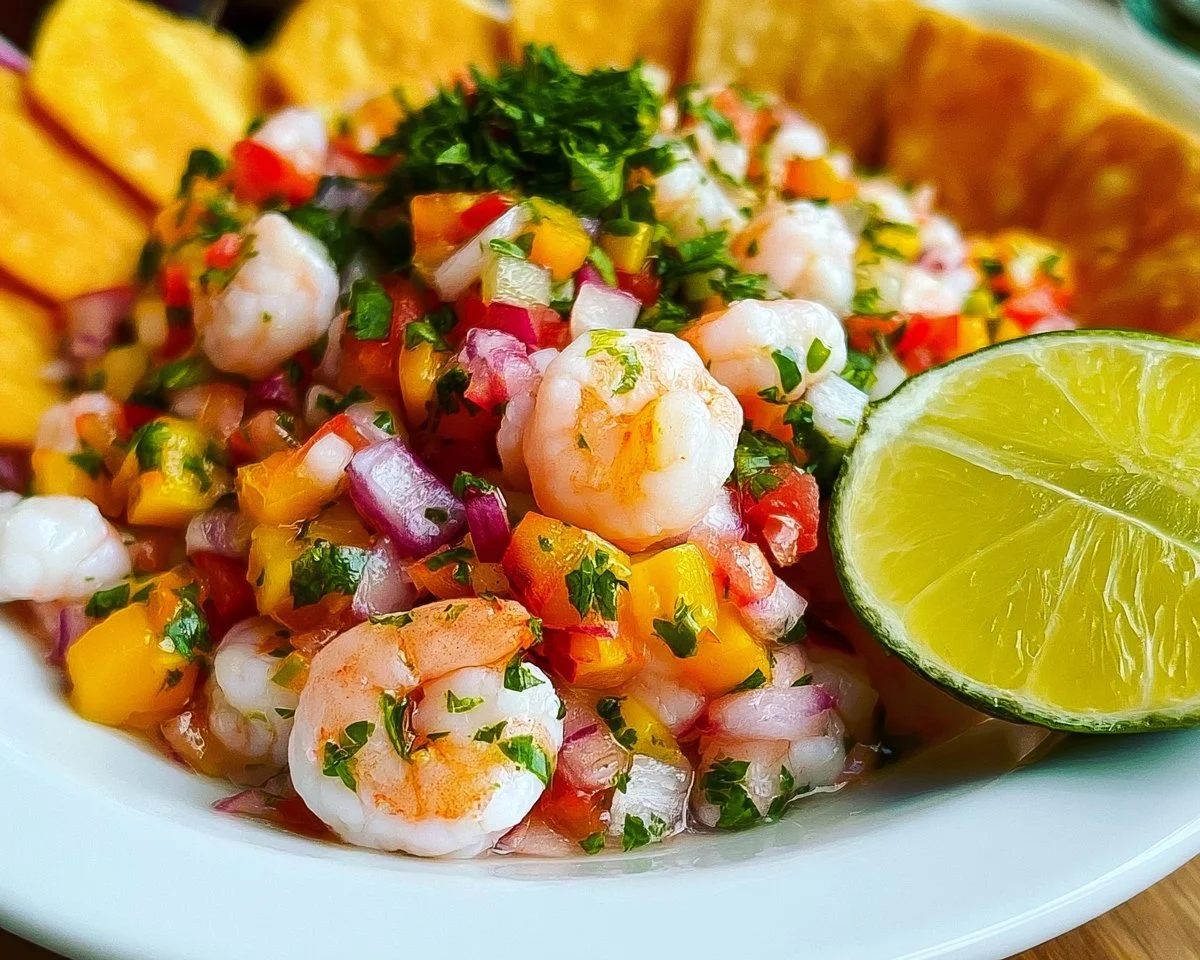 Refreshing shrimp ceviche served with lime and cilantro in a bowl