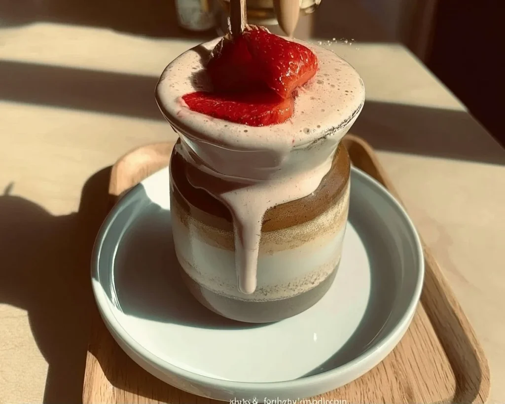 Strawberry Hojicha Latte served in a cup, garnished with fresh strawberries.