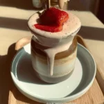 Strawberry Hojicha Latte served in a cup, garnished with fresh strawberries.