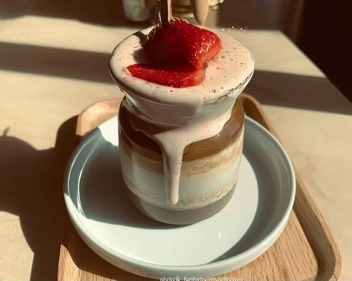 Strawberry Hojicha Latte served in a cup, garnished with fresh strawberries.