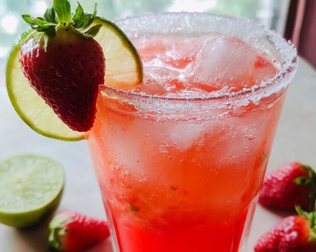 Strawberry Lime Mocktail Margarita in a glass with a slice of lime