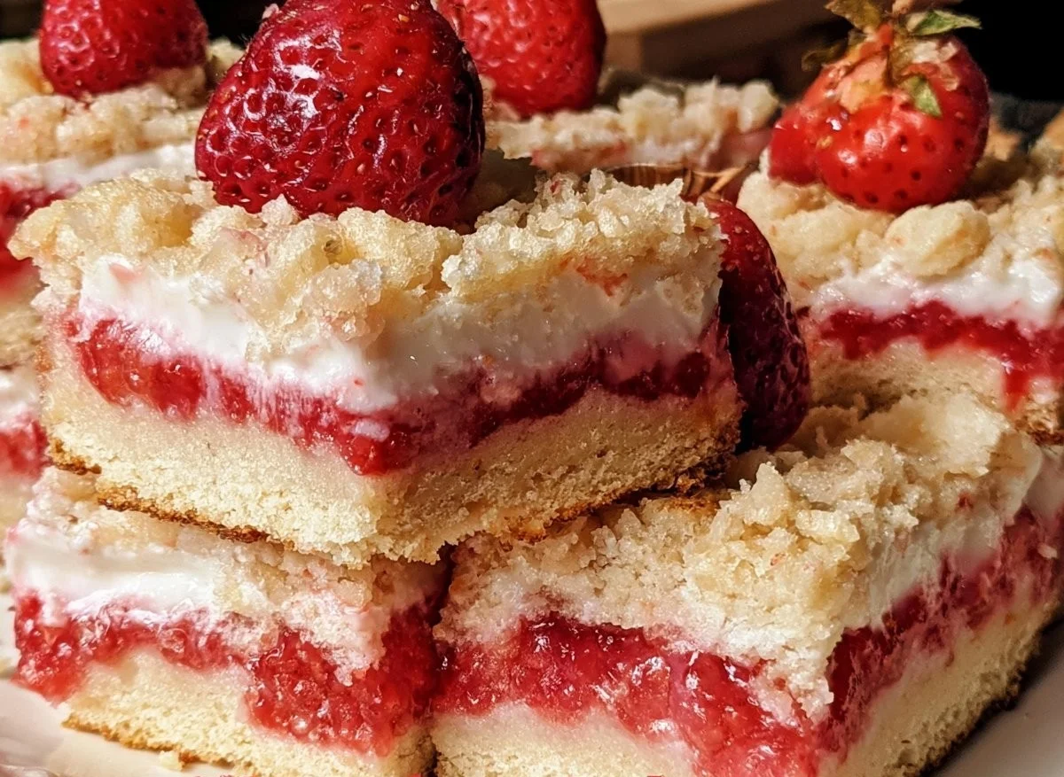Delicious strawberry shortcake bars topped with fresh strawberries