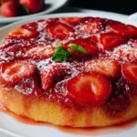 Delicious homemade Strawberry Upside Down Cake with fresh strawberries on top