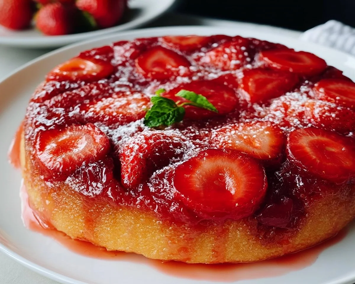 Delicious homemade Strawberry Upside Down Cake with fresh strawberries on top