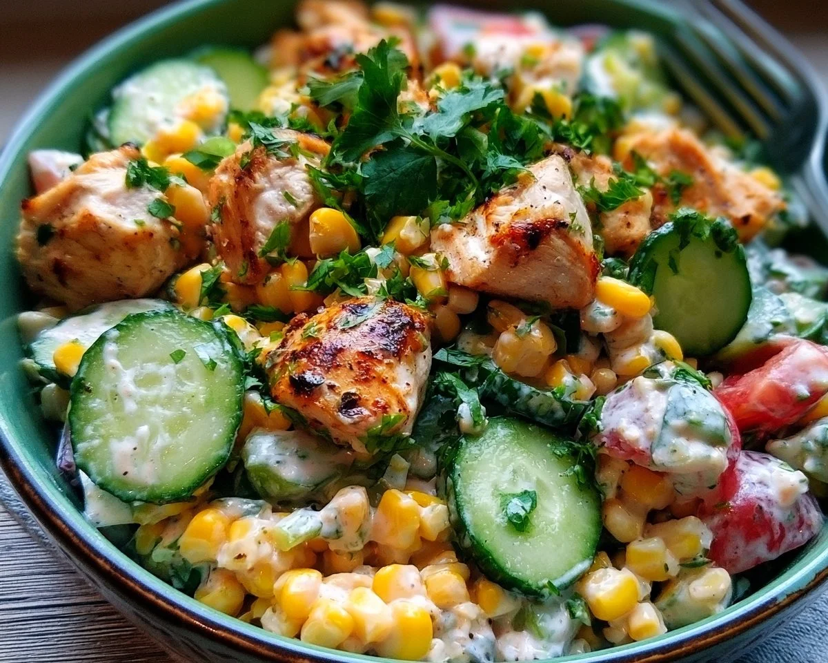 Creamy Cucumber Chicken Salad with Street Corn, a delicious and refreshing dish