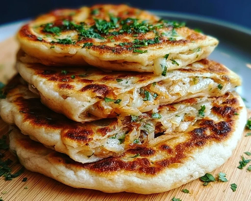 Delicious stuffed Moroccan Msemen with onions and fresh herbs