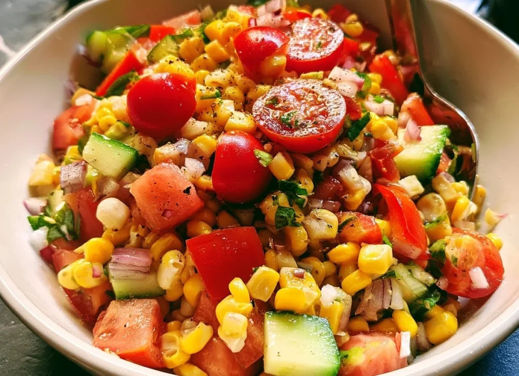 Fresh Summer Corn Salad with colorful vegetables in a bowl