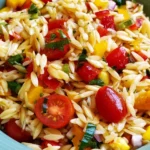 Delicious summer orzo pasta salad with fresh vegetables and herbs