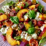 Delicious Summer Peach Burrata Salad with fresh peaches and creamy burrata cheese