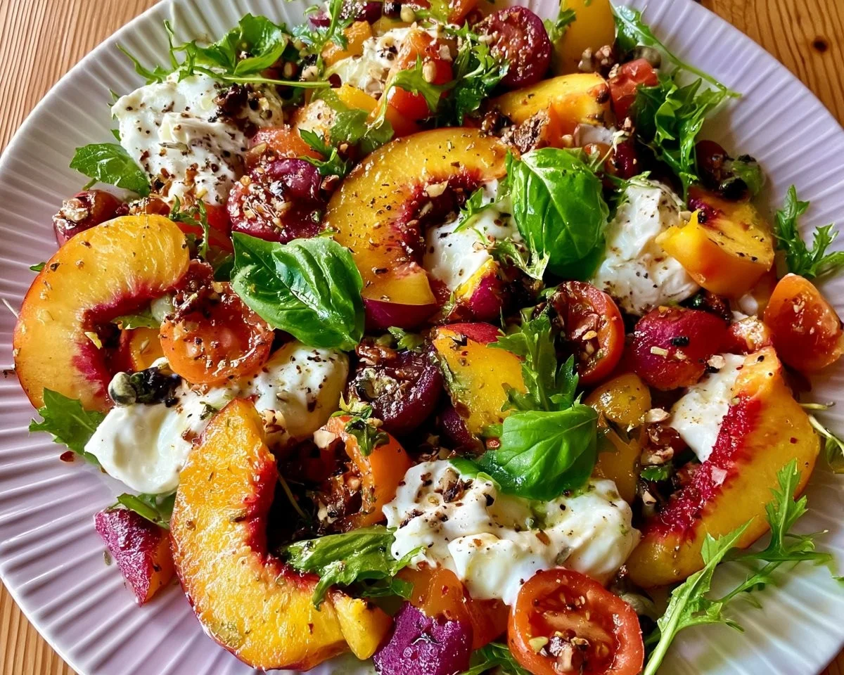 Delicious Summer Peach Burrata Salad with fresh peaches and creamy burrata cheese