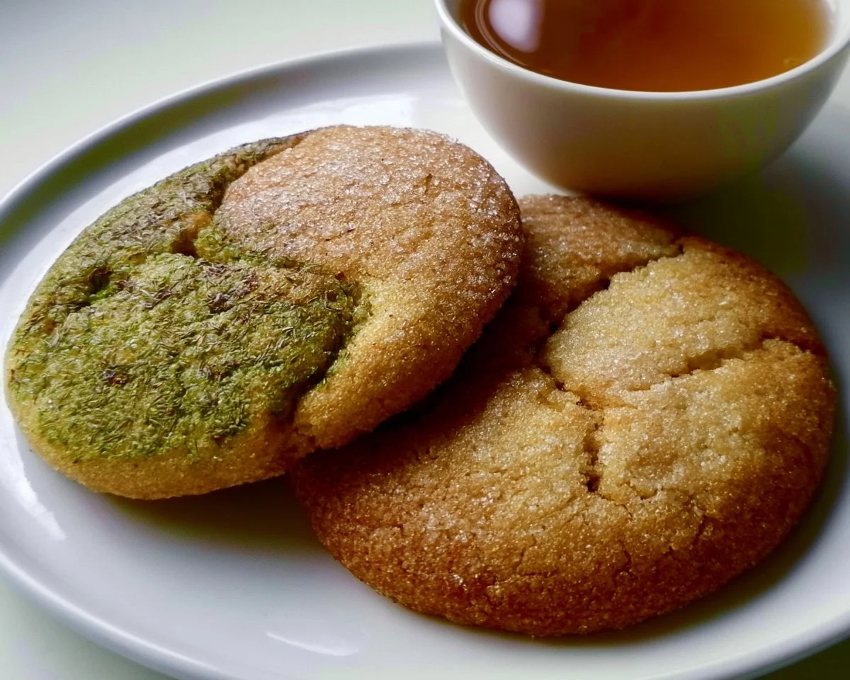 Freshly baked tea-infused sugar cookies on a plate with tea leaves