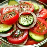 Fresh Tomato, Cucumber, and Onion Salad served in a vibrant bowl