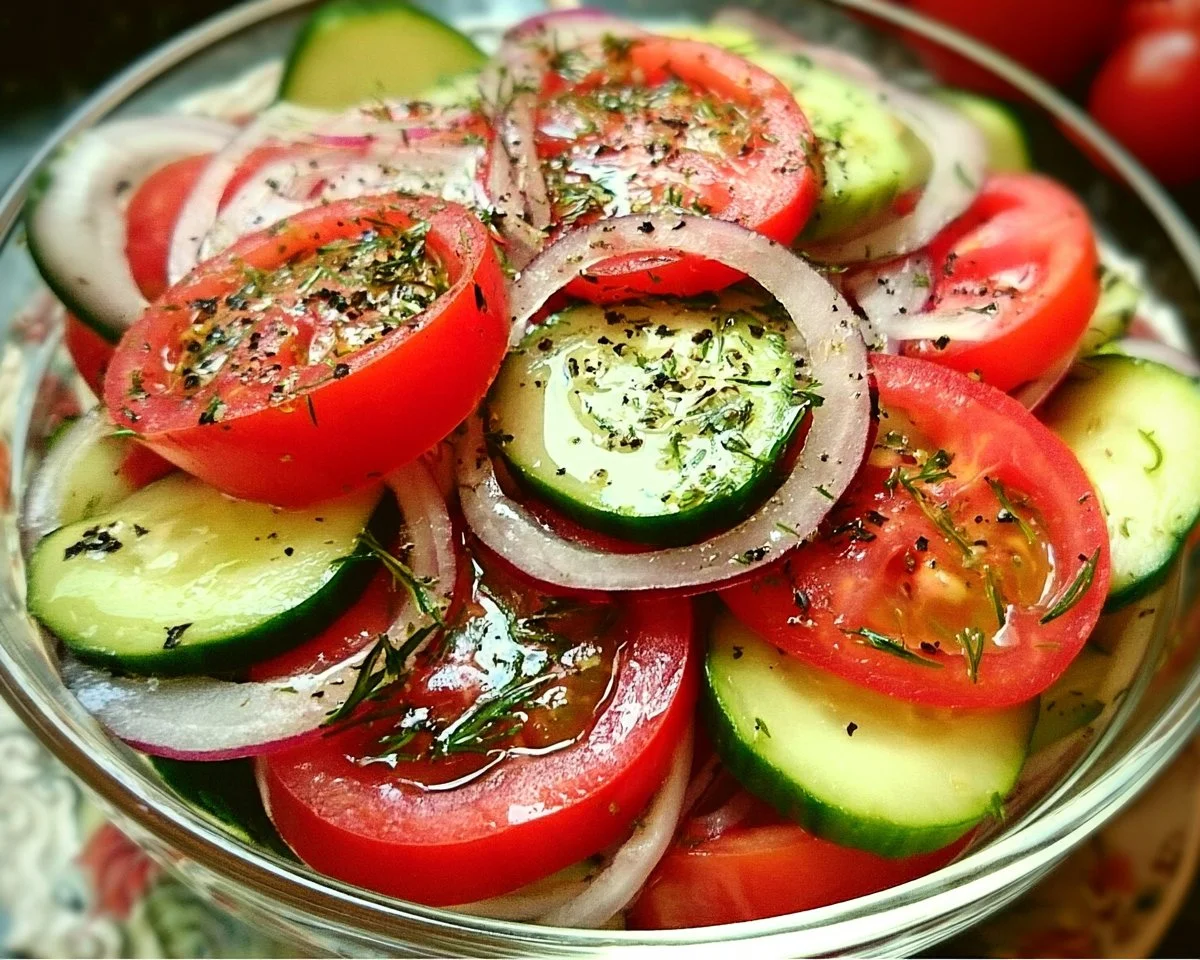Fresh Tomato, Cucumber, and Onion Salad served in a vibrant bowl