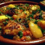 Delicious traditional Moroccan Chicken Tagine served in a vibrant dish