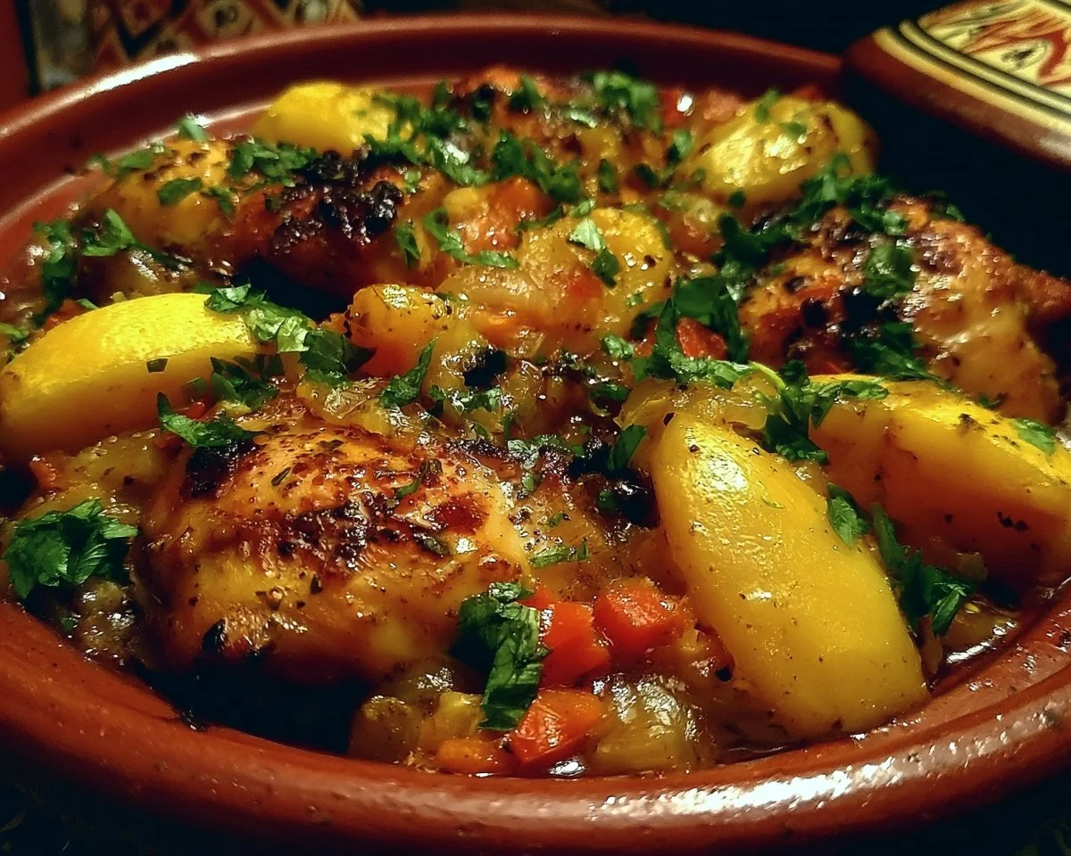 Delicious traditional Moroccan Chicken Tagine served in a vibrant dish