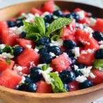 Vibrant Watermelon Blueberry Feta Salad with mint and lime dressing.
