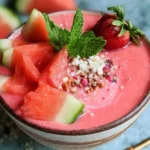 Vegan watermelon smoothie in a glass, garnished with mint leaves