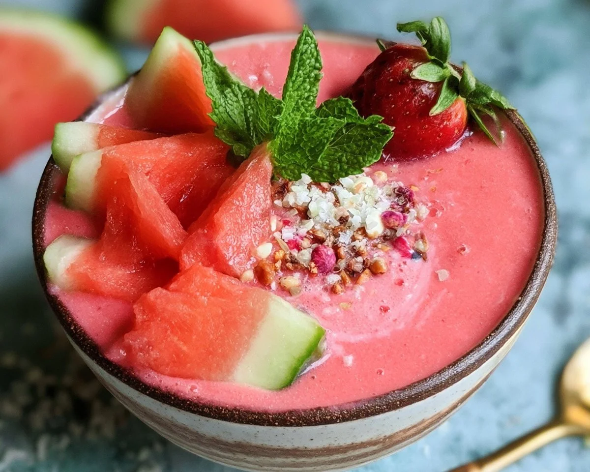 Vegan watermelon smoothie in a glass, garnished with mint leaves