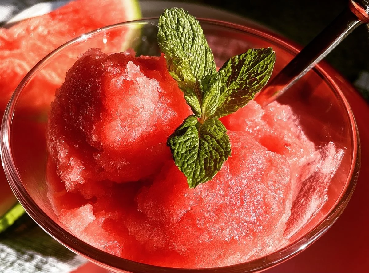 Delicious homemade watermelon sorbet in a bowl, perfect summer dessert