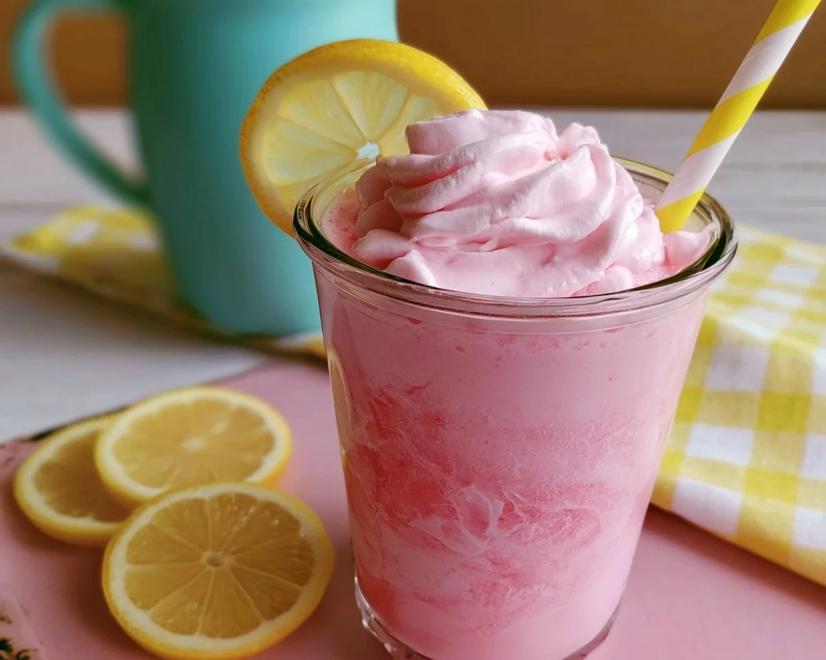 Whipped pink lemonade in a glass topped with whipped cream and lemon slices