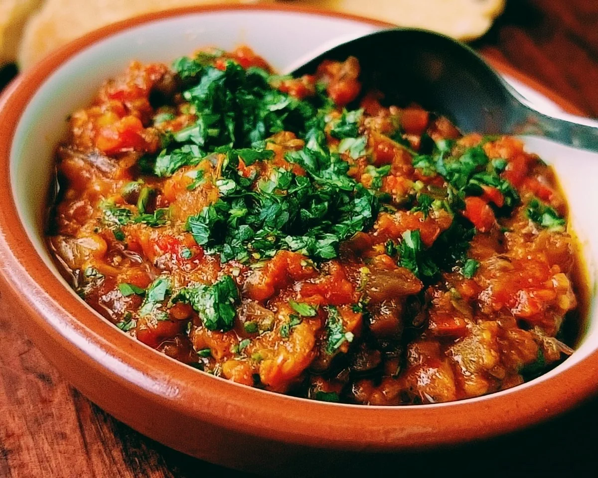 Delicious Moroccan Eggplant Dip, Zaalouk, served in a traditional dish with pita bread.