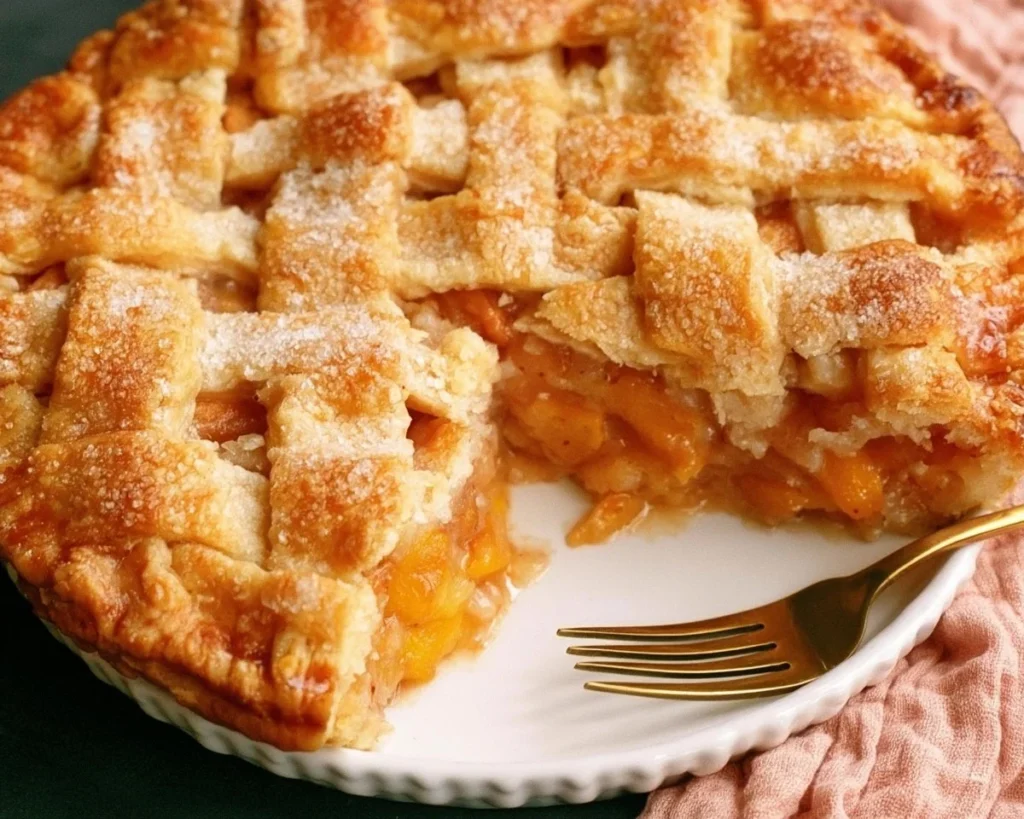 Homemade baked peach pie with a golden crust and fresh peach filling