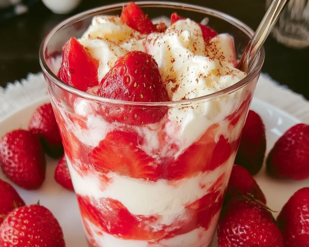 Delicious strawberry dessert topped with fresh strawberries and cream
