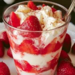 Delicious strawberry dessert topped with fresh strawberries and cream