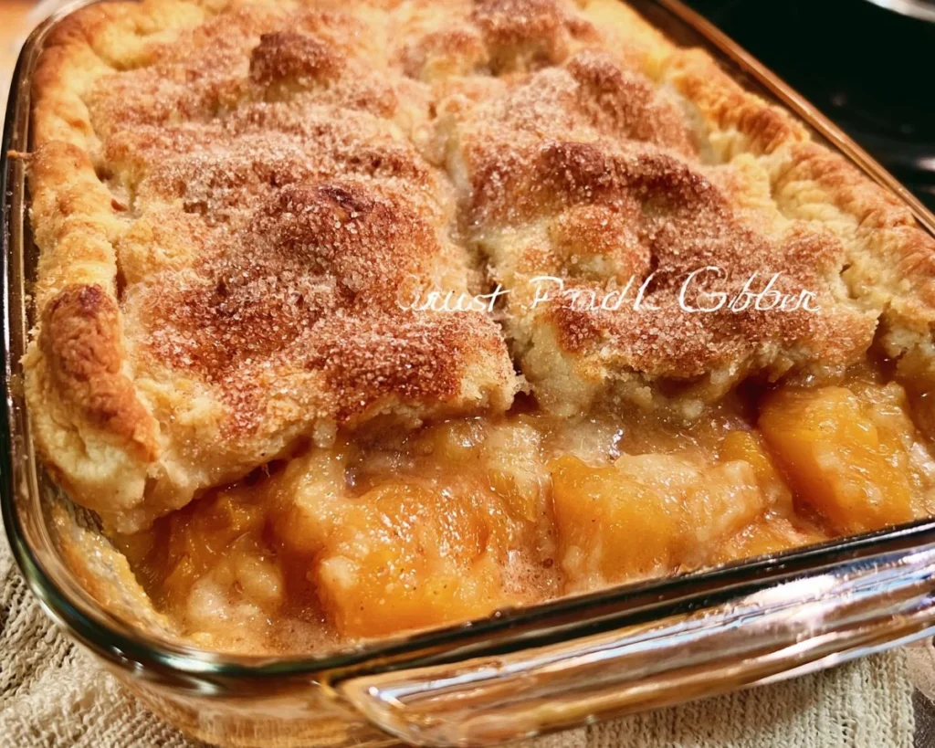 Delicious double crust peach cobbler served in a baking dish