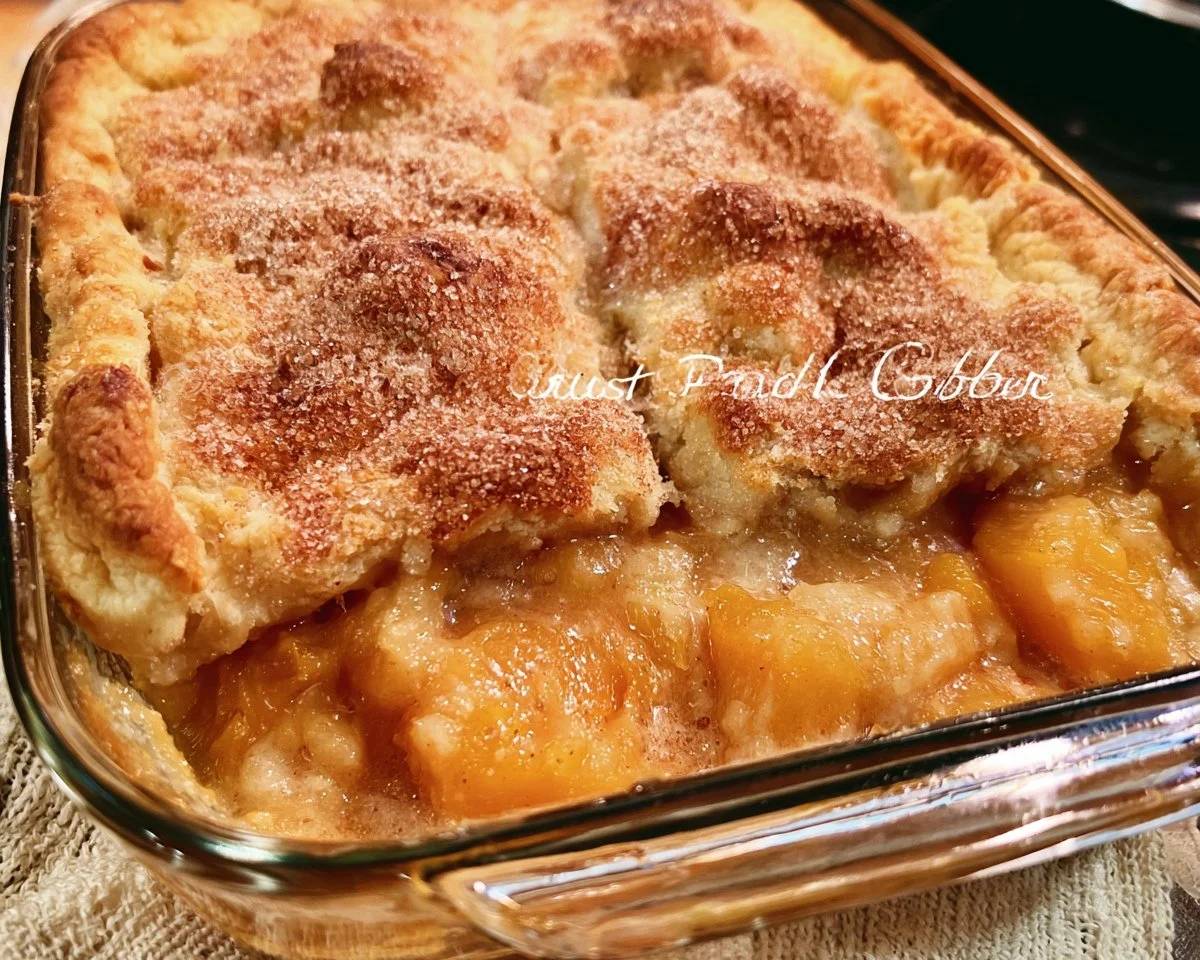 Delicious double crust peach cobbler served in a baking dish