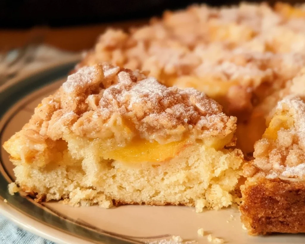 Slice of Easy Italian Peach Crumb Cake with crumb topping and fresh peaches