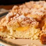 Slice of Easy Italian Peach Crumb Cake with crumb topping and fresh peaches