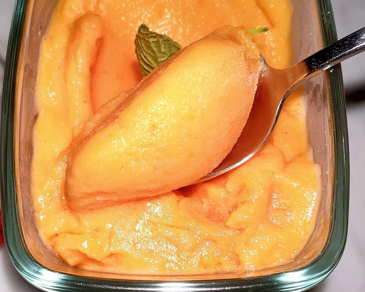 Bowl of easy homemade peach sorbet topped with fresh mint leaves
