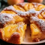 Delicious slice of easy summer peach cake topped with fresh peaches.