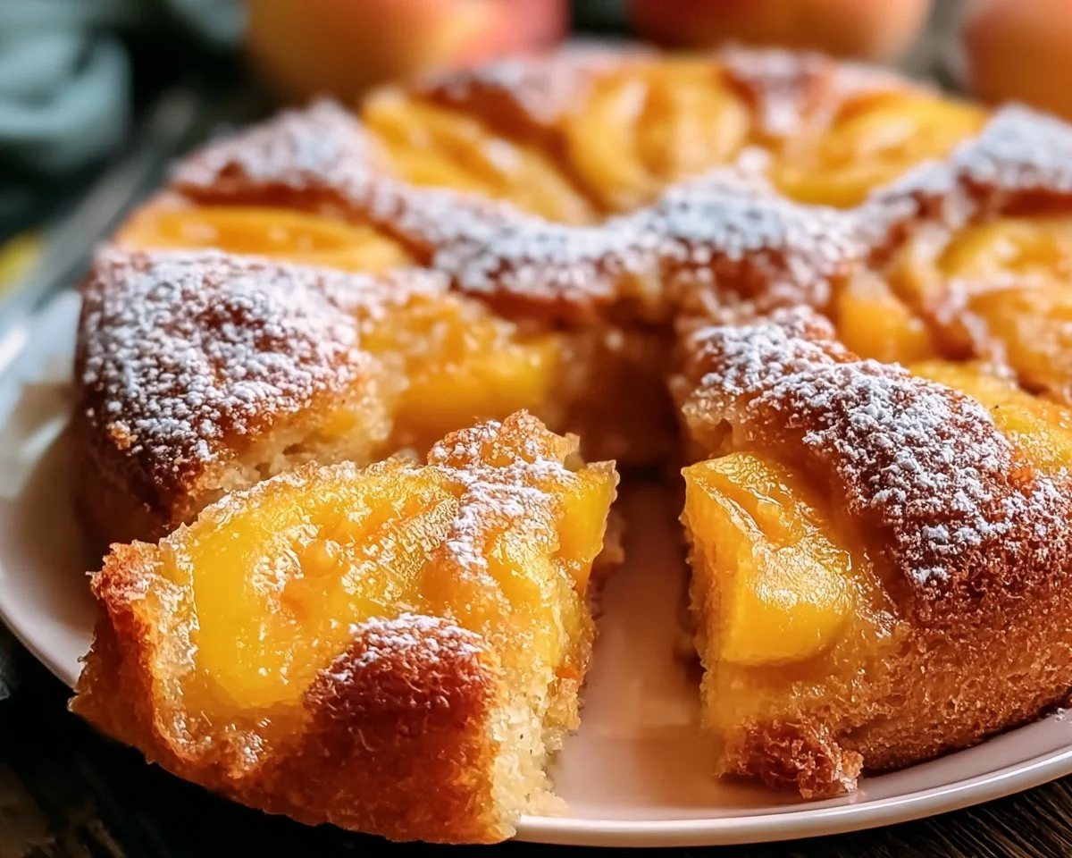 Delicious slice of easy summer peach cake topped with fresh peaches.