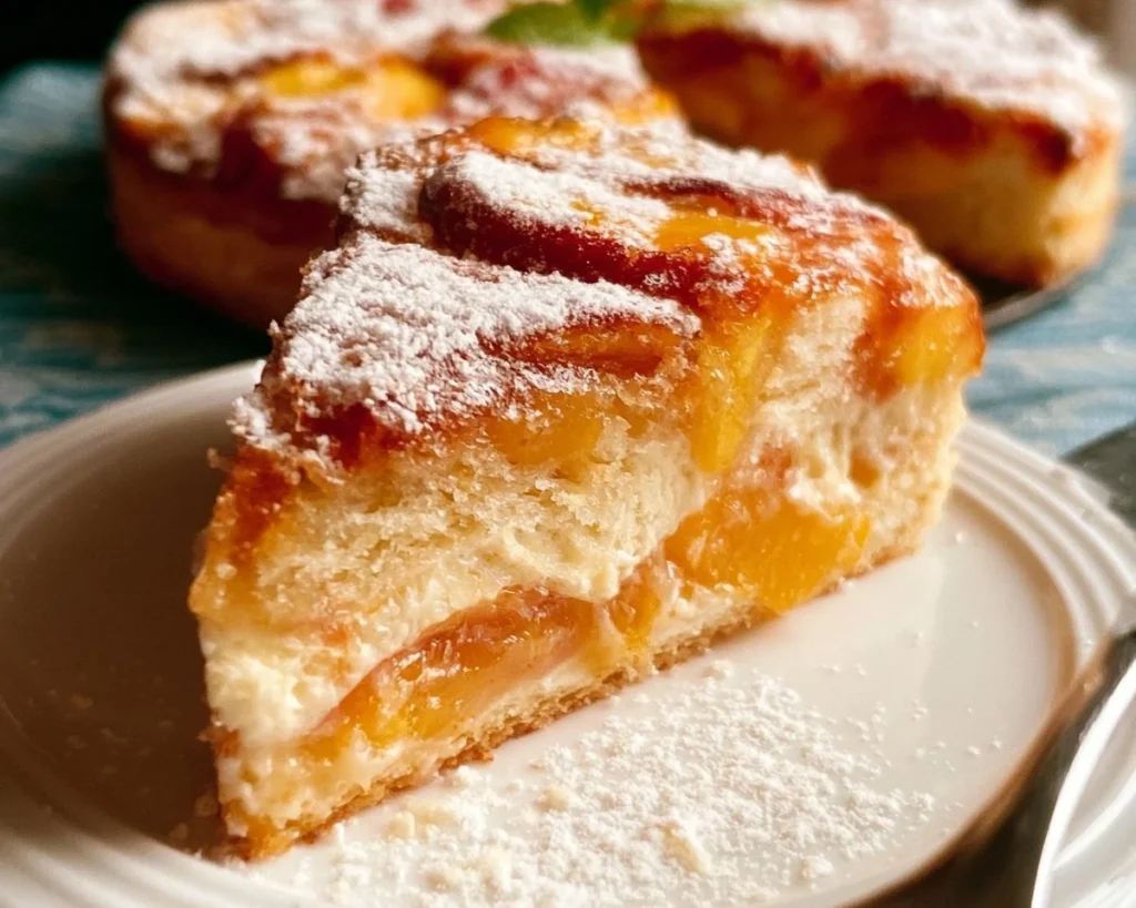 Fresh Peach Cake topped with slices of ripe peaches and a light frosting.