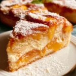 Fresh Peach Cake topped with slices of ripe peaches and a light frosting.