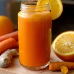 Bright orange turmeric carrot juice in a glass, promoting radiant skin